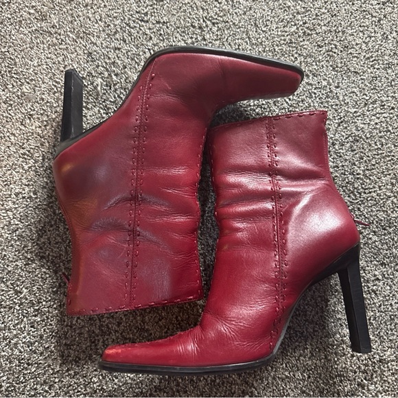 Hillary And Hanson Square Toe Leather Upper Burgundy Chunky Heel Ankle Boot 8M - Picture 2 of 11